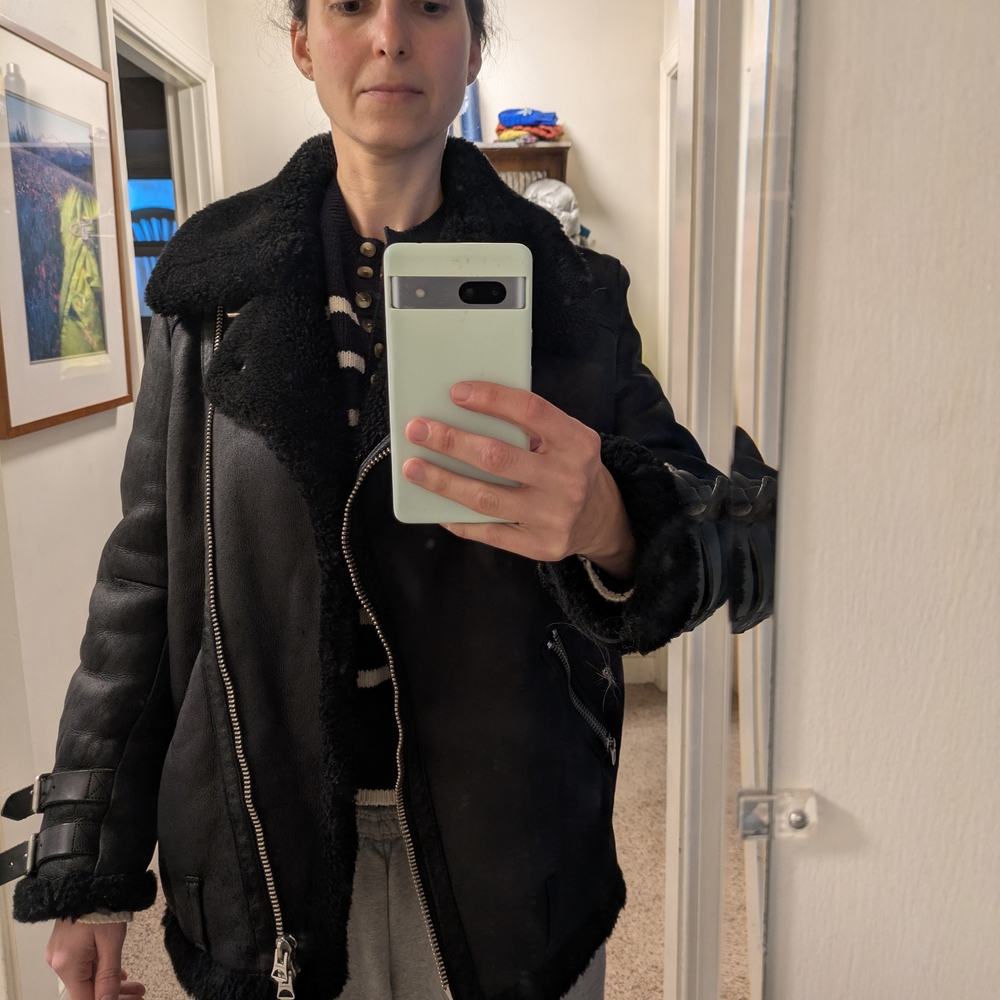 Acne Black Leather Jacket with Shearling - Picture 6 of 7